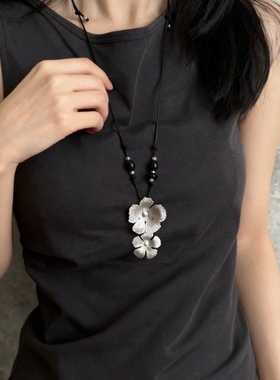 新中式复古拉丝繁花项链女小众设计高级感毛衣链简约个性夸张配饰