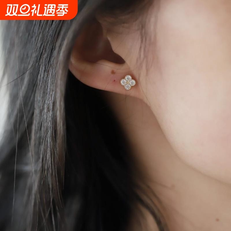 925纯银镀14k金耳钉蛋糕边四钻小花日韩小众设计感新款