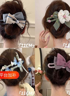 春夏蝴蝶结发夹女后脑勺鸭嘴夹2026新款大号盘发头饰抓夹绿色花朵
