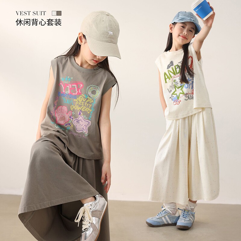 女童夏季涂鸦风无袖背心套装中大儿童时髦洋气休闲上衣裤子两件套