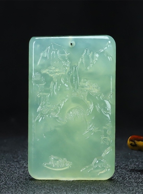 送证书天然高冰种浅绿色湖水绿岫玉江山如画山水牌玉石吊坠挂件