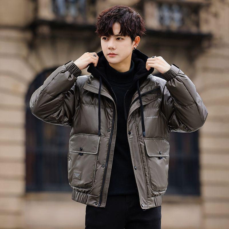 羽绒服男短款冬季2025新款假两件加厚保暖皮外套男冬装黑色白鸭绒