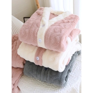 套装 红豆珊瑚绒睡衣女秋冬季 男士 保暖法兰绒大码 家 加绒加厚情侣款