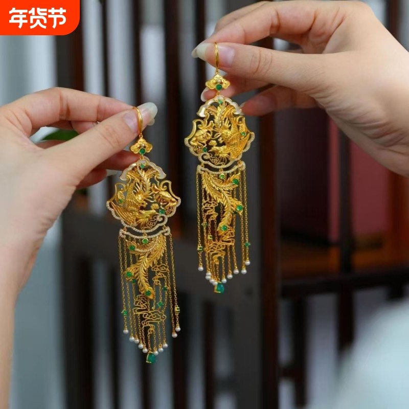 凤穿牡丹耳环新中式宫廷风凤羽仿珍珠精致气质奢华长流苏耳坠耳饰,饰品/流行首饰/时尚饰品新,耳环,淘宝优惠券,粉丝福利购,淘宝优惠卷