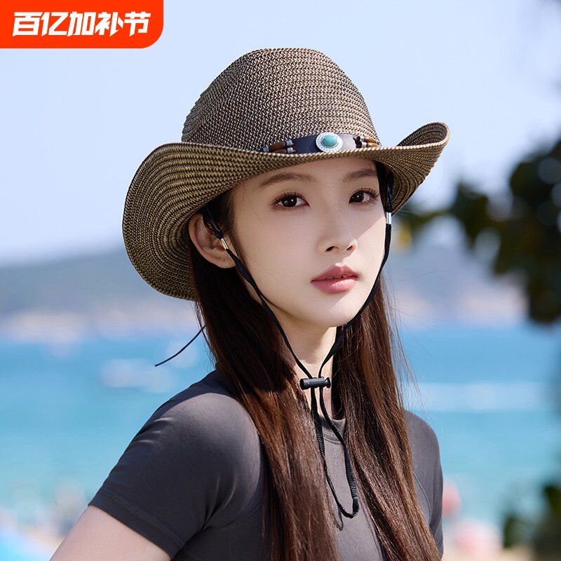 新款大帽檐藏族草帽子女夏季海边沙滩度假遮阳西部牛仔帽可折叠
