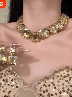 欧美夸张方形镶钻项链耳环套装女2025新款轻奢高级感小众锁骨链潮