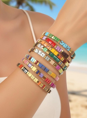 跨境时尚复古TILA提拉串珠手链 简约波西米亚手工编织弹力手串女