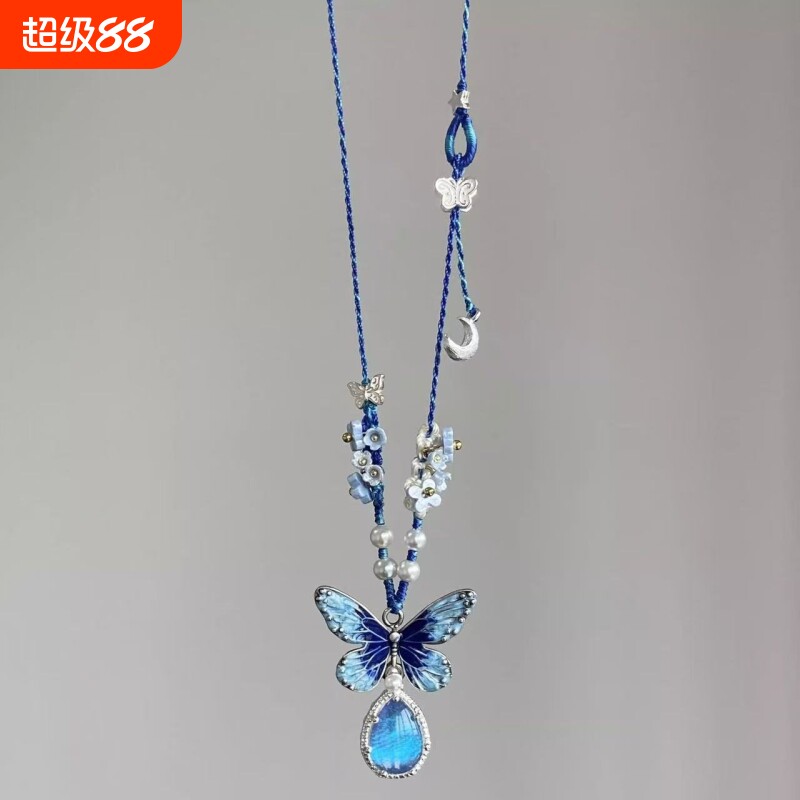 蓝色蝴蝶吊坠项链复古长款特色饰品民族风长款女流苏编织欧美图片