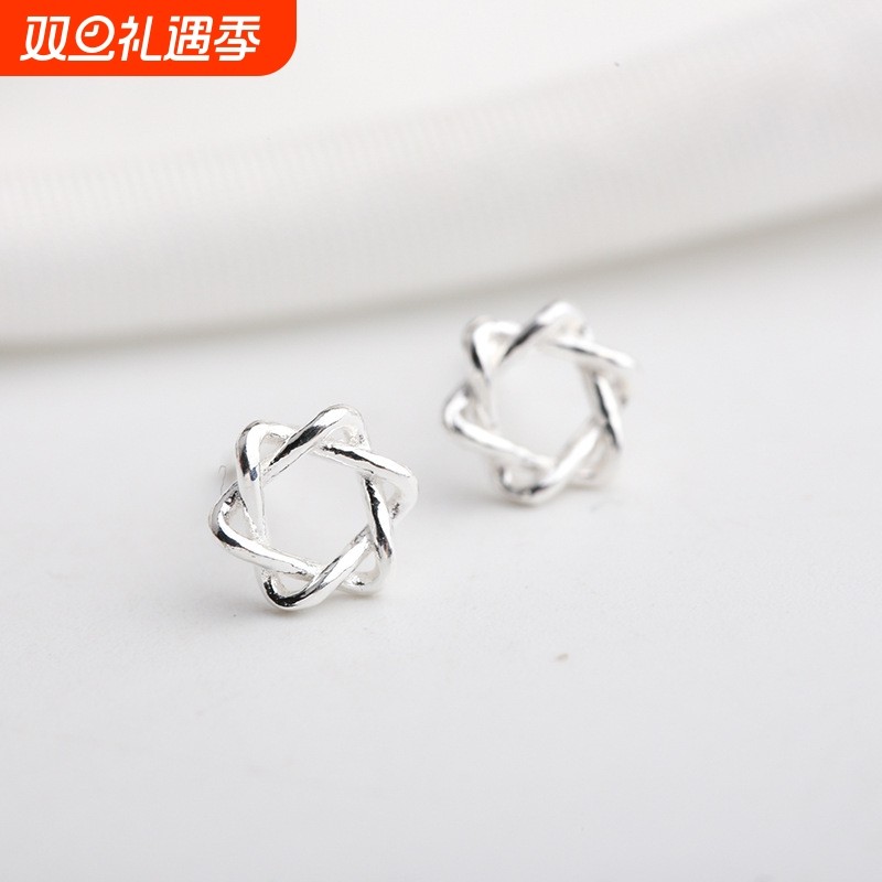 六芒星S925纯银耳钉女简约风个性韩版时尚银饰饰品一件代发银针
