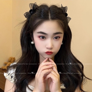 网纱黑色蝴蝶结发夹头饰公主头小抓夹碎发侧边刘海夹子前额发卡女