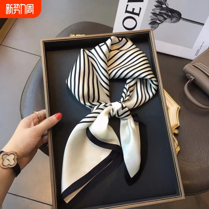 防晒新款小方巾条纹丝巾女时尚仿真丝围巾70cm领巾披肩高级红色