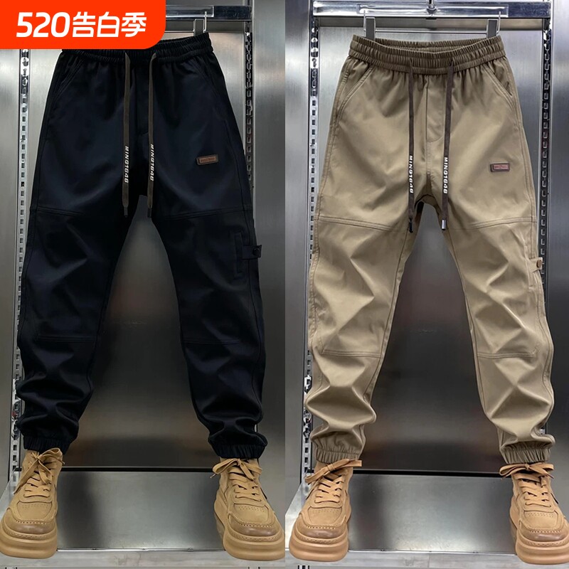 工装裤男士春夏季新款潮牌痞帅运动束脚裤直筒休闲裤卡其色黑色
