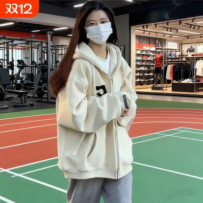 早秋美式复古连帽卫衣女冬季加绒开衫上衣新款拉链休闲风运动外套