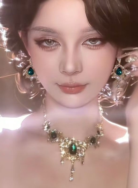 金枝绿叶~重工镶钻水滴项链女复古宫廷风气质宴会锁骨链耳环配饰