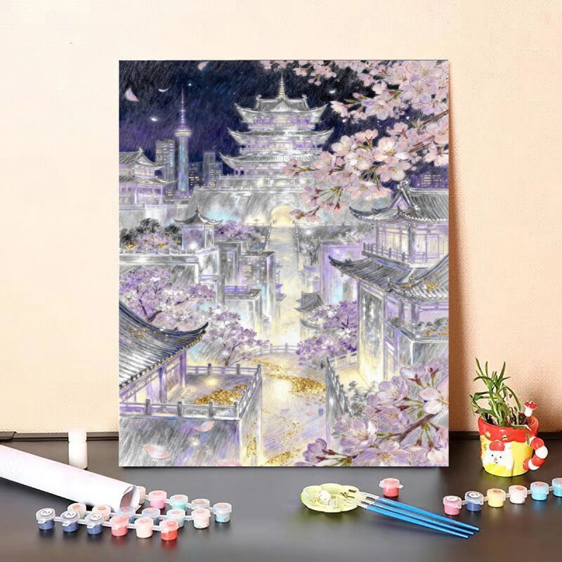 DIY数字油画古建筑樱花夜景手绘油画新手填充画装饰画自己画填色