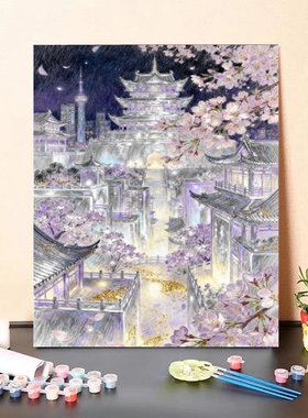 DIY数字油画古建筑樱花夜景