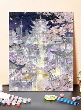 DIY数字油画古建筑樱花夜景