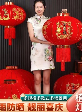 2025新款植绒大红灯笼一对过年门口吊灯春节阳台装饰户外宫灯挂饰