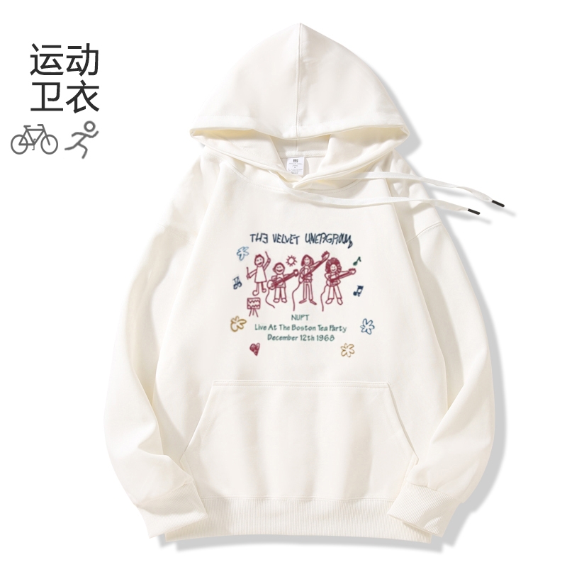 秋冬新款美式印花设计感百搭宽松加绒加厚白色连帽套头运动卫衣女