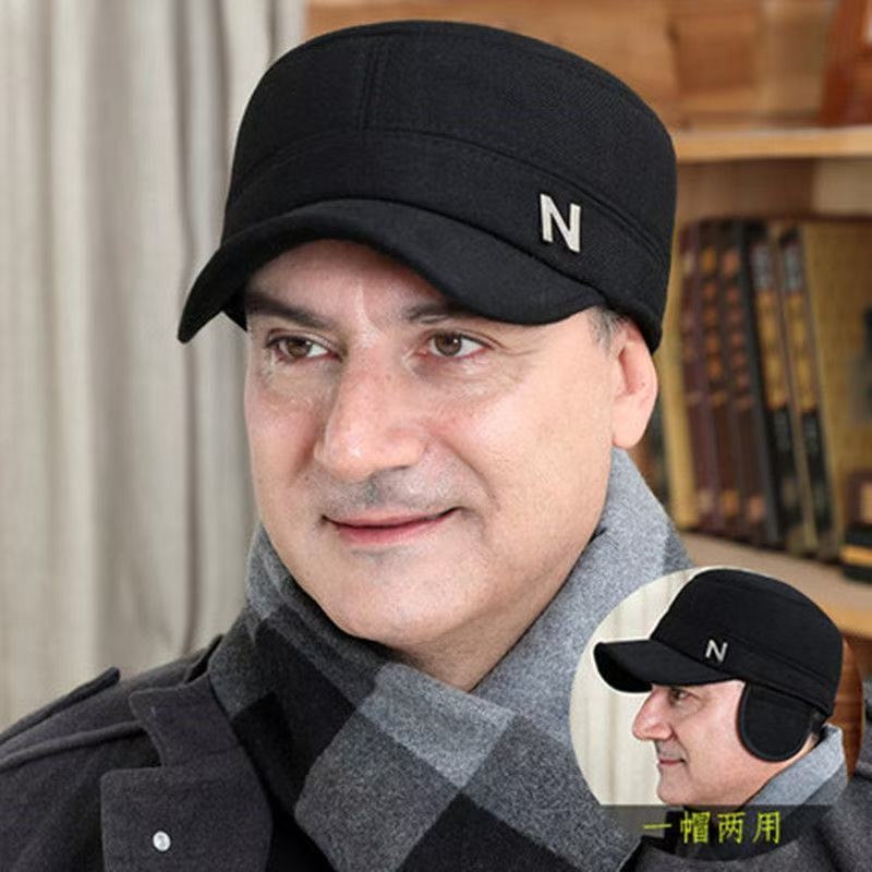 老人帽子男冬季中老年爸爸保暖鸭舌帽冬天老头平顶帽黑色毛呢护耳