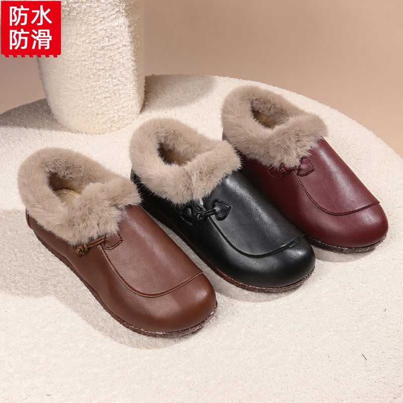 他她女孩冬季中老年人妈妈翻毛棉鞋女加绒皮面防水防滑一脚蹬牛筋