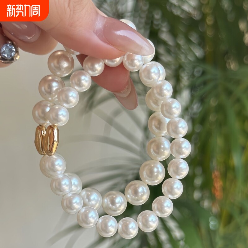 2023珍珠手链正圆强光巴洛克金属复古港风弹力绳串珠百搭手工朱砂