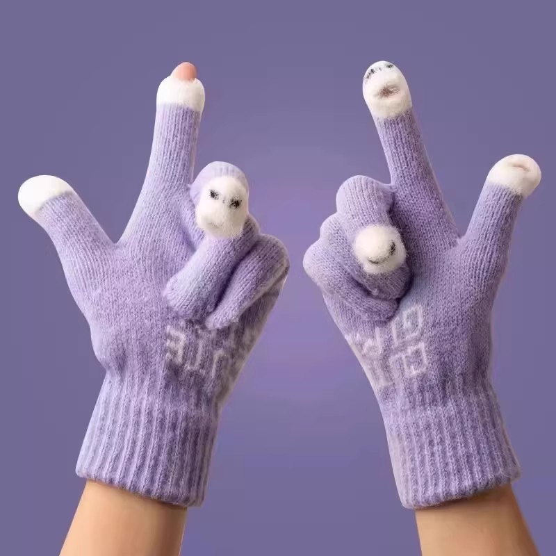 毛线手套女冬季可爱可触屏加绒加厚保暖骑行车五指冬天防寒棉手套