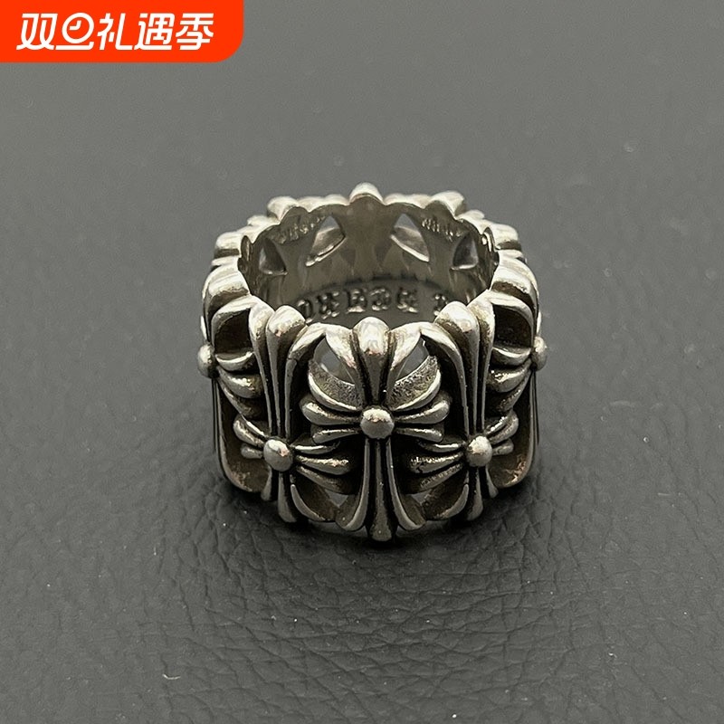 ODEK复古圆墓葬十字架戒指欧美哥特嘻哈指环霸气经典款做旧泰银