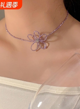 细项链锁骨链女轻奢高级感法式choker黑色水晶颈链花朵