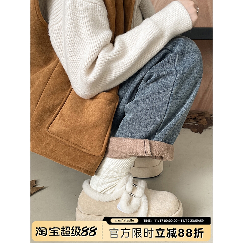 白色加绒加厚厚底棉鞋女款2025新款冬季增高保暖毛毛勃肯雪地靴子