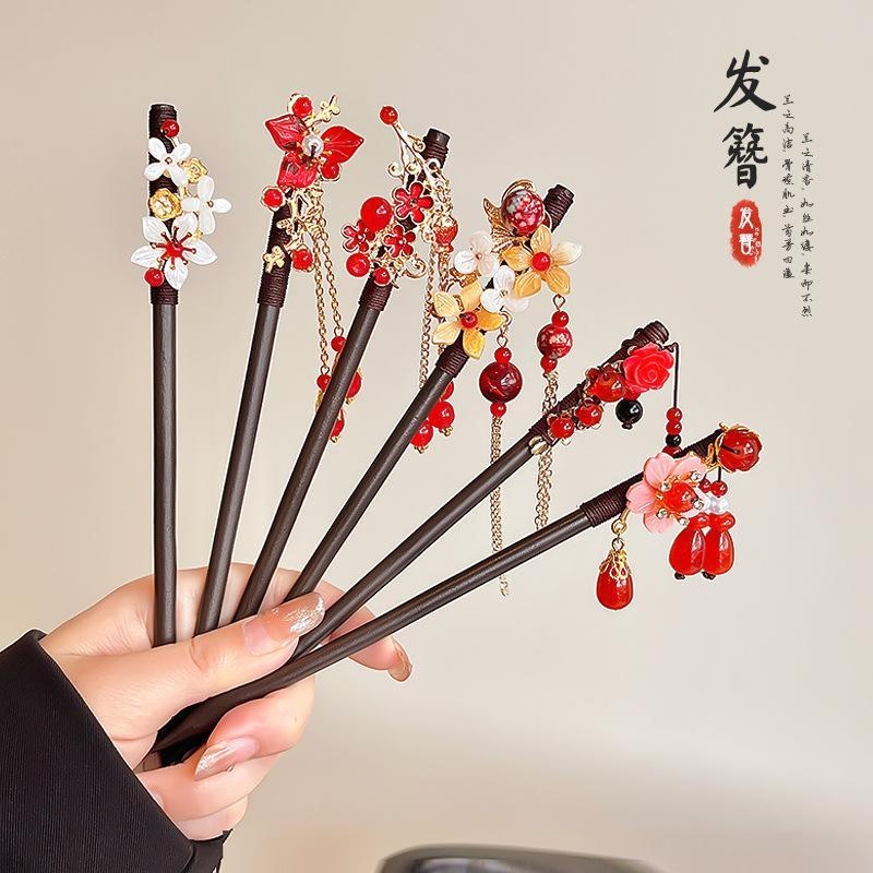 新中式木质发簪女中秋节汉服马面裙簪子配饰国风红色流苏盘发发钗