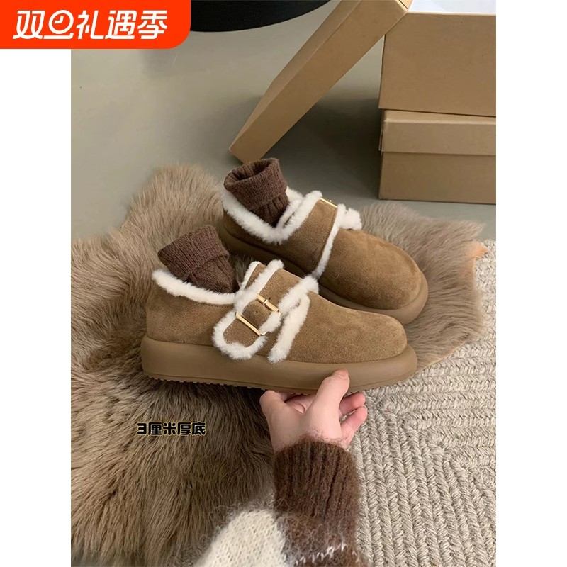 厚底软皮勃肯鞋女加绒洋气复古一脚蹬棉鞋毛毛鞋女冬外穿乐福鞋子