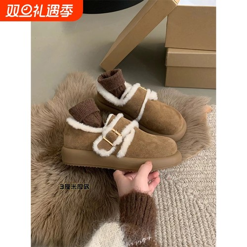 厚底软皮勃肯鞋女加绒洋气复古一脚蹬棉鞋毛毛鞋女冬外穿乐福鞋子