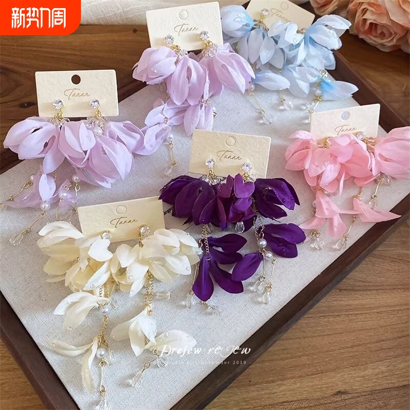 珍珠布艺花朵吊坠耳钉清新甜美气质耳环小众设计巨好看耳饰女款