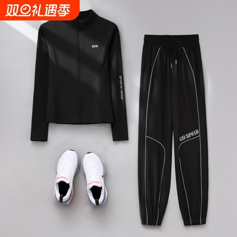 专业晨跑服女速干运动套装秋季宽松训练服长袖跑步健身服女羽毛球
