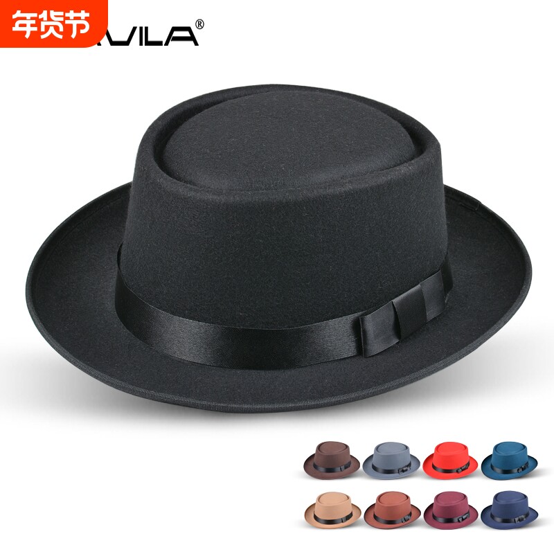 新款男士礼帽女名媛英伦复古爵士帽秋冬表演毛呢平顶黑色礼帽毡帽