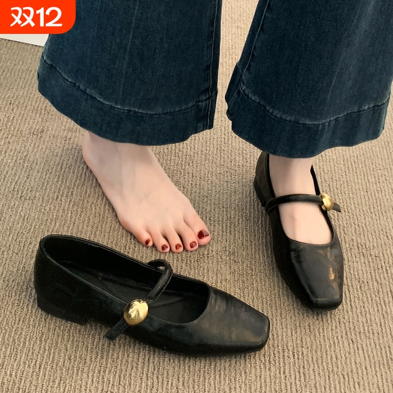 啄木鸟黑色单鞋女2025新款春秋季低跟平底小皮鞋法式玛丽珍女鞋子