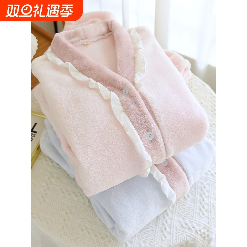 红豆珊瑚绒睡衣女秋冬季2025新款加绒加厚v领套装长袖大码冬天家