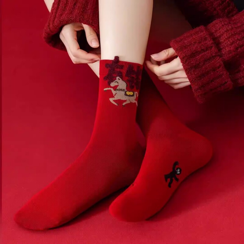 本命年新年鸿运袜子女 卡通马上有钱中筒袜 3双装起多规格