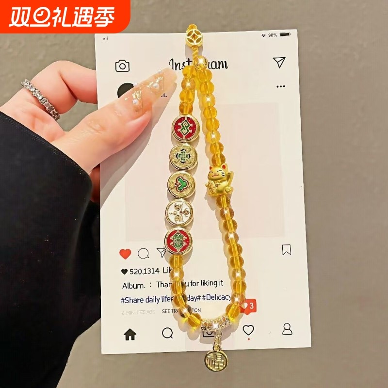 新中式招财猫五路财神手机链串珠手机挂饰挂件其他dly饰品配件