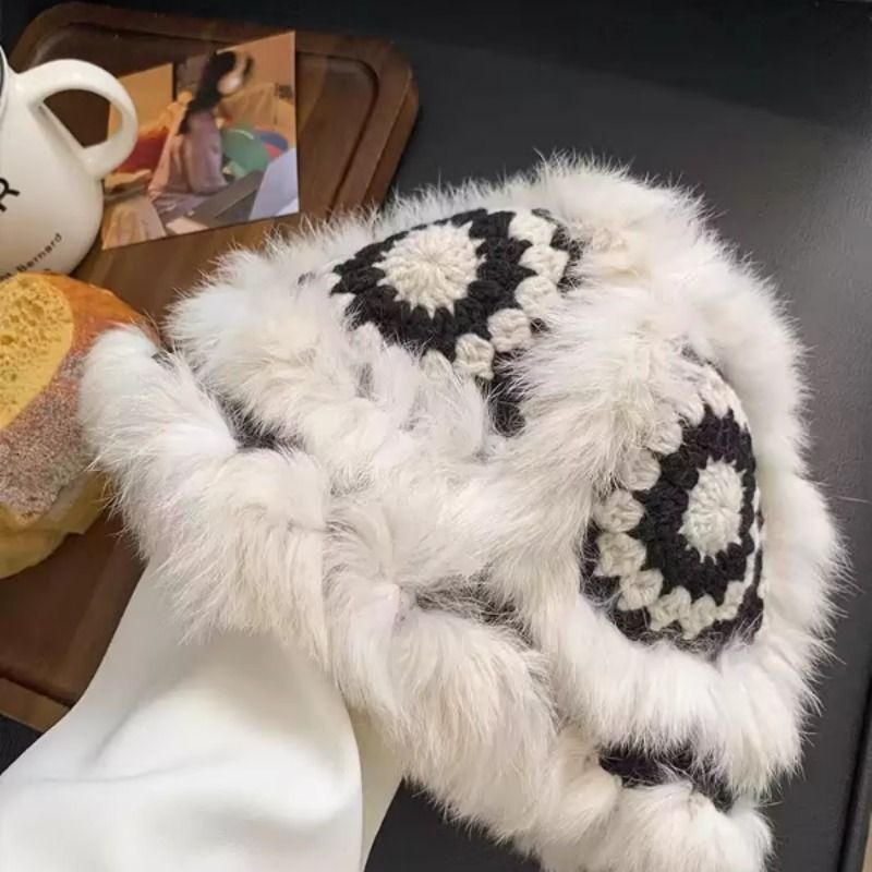 兔毛针织毛绒帽子女秋冬季毛茸茸虎头醒狮渔夫帽可爱显脸小毛线帽