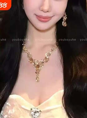 千金琉璃~金色水滴项链女轻奢名媛耳环夸张晚宴礼服配饰花朵镀金