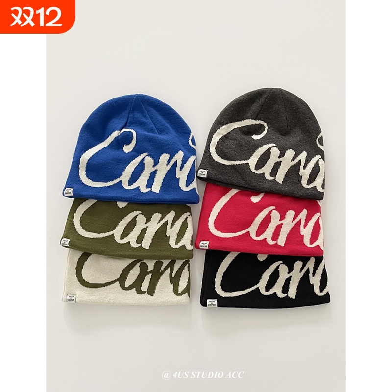 小众字母毛线帽子女冷帽秋冬季保暖针织帽男红色灰色黑色宝蓝色