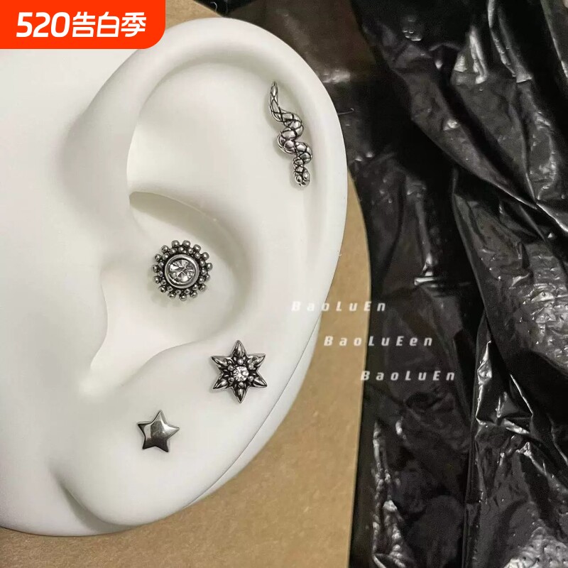 925纯银耳针潮牌小红书带钻红钻黑钻十字架彩钻耳钉耳环耳坠男女