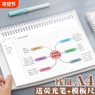 思维导图专用本笔记本子活页本子大学生考研A4网格本6孔可拆卸线圈本ins风加厚横向康奈尔记事本方格日期分类