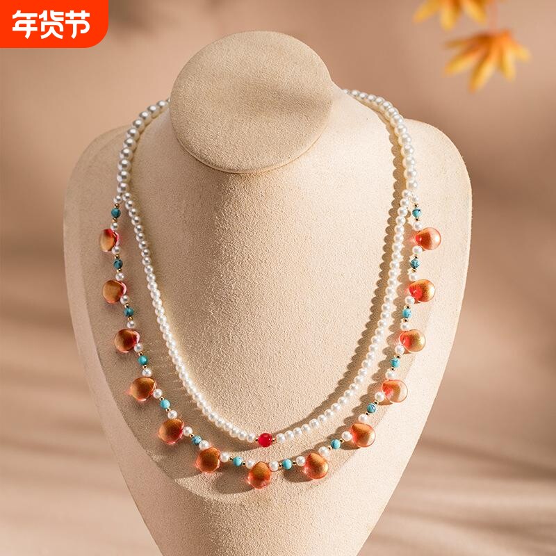 簪娘古风汉服项链女红色琉璃水滴双层璎珞明制坦领古装配饰软璎珞