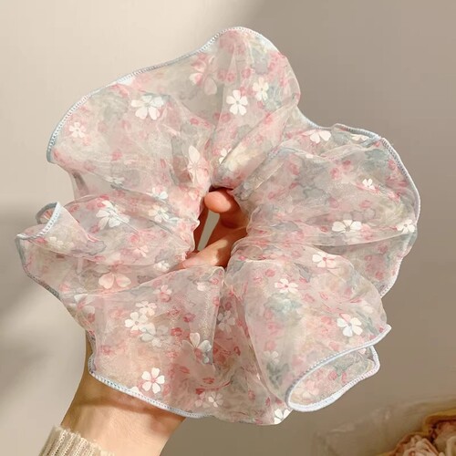 柔软泡泡纱韩国粉色碎花大肠发圈女高级感仙气慵懒风头绳发饰超大