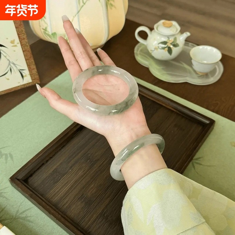 聚财古风新疆天山翠手镯飘花女款天山ins玻璃桃花