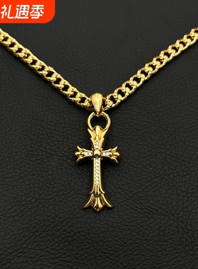 ODEK高级vintage22k金色镶钻十字架项链男女重工时尚吊坠男士