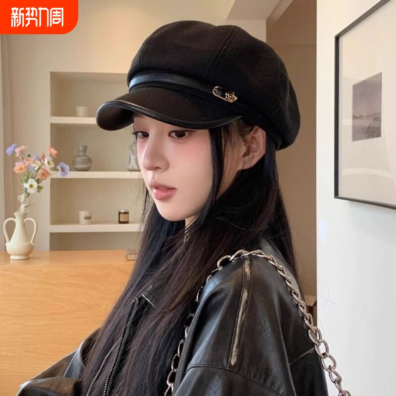 2025年新款八角帽子女四季款棉质百搭贝雷帽英伦复古大头围显脸小